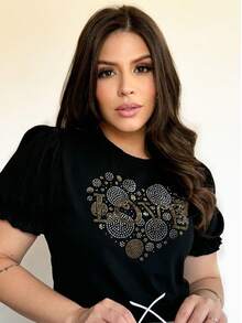 Women's Puff Sleeve Blouse With Front Print And Variations - Black Love - View 4