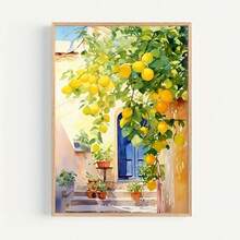 Impresión artística en lienzo inspirada en el limón - Decoración de pared mediterránea moderna, influencias griegas e italianas, póster sin marco para la sala de estar - Multicolor - Ver 1