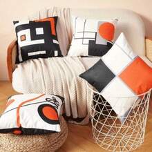 2D, 4 Packs Modern Geometric Throw Pillow Covers - 17.7*17.7 Inches, Black, Orange & Grey Stripe Design, Abstract Grid Pattern Decor For Couch & Bed, Machine Washable With Zipper (No Inserts Included) - Multicolor - View 1