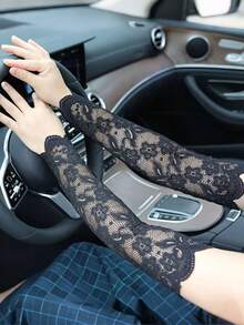 1 Pair Of Women's Dark Black Lace Long-Sleeved Arm Sleeves - Lightweight, Breathable, Elastic. Suitable For Outdoor Cycling, Driving And Summer Activities. Fashionable And Comfortable Fingerless Gloves. Style. - Multicolor - View 4