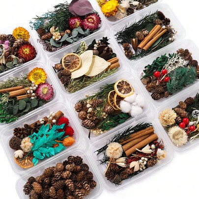 1 pudełko boho-stylowych ozdób świątecznych – suszone szyszki, goździki, plasterki cytryny, eukaliptus i wiele więcej – rustykalne dekoracje świąteczne DIY z naturalnych materiałów roślinnych z gotowymi przegródkami na wieńce, girlandy, bukiety i świąteczne dekoracje do domu – kompleksowa kompozycja z suszonych kwiatów, trwała i łatwa w użyciu.