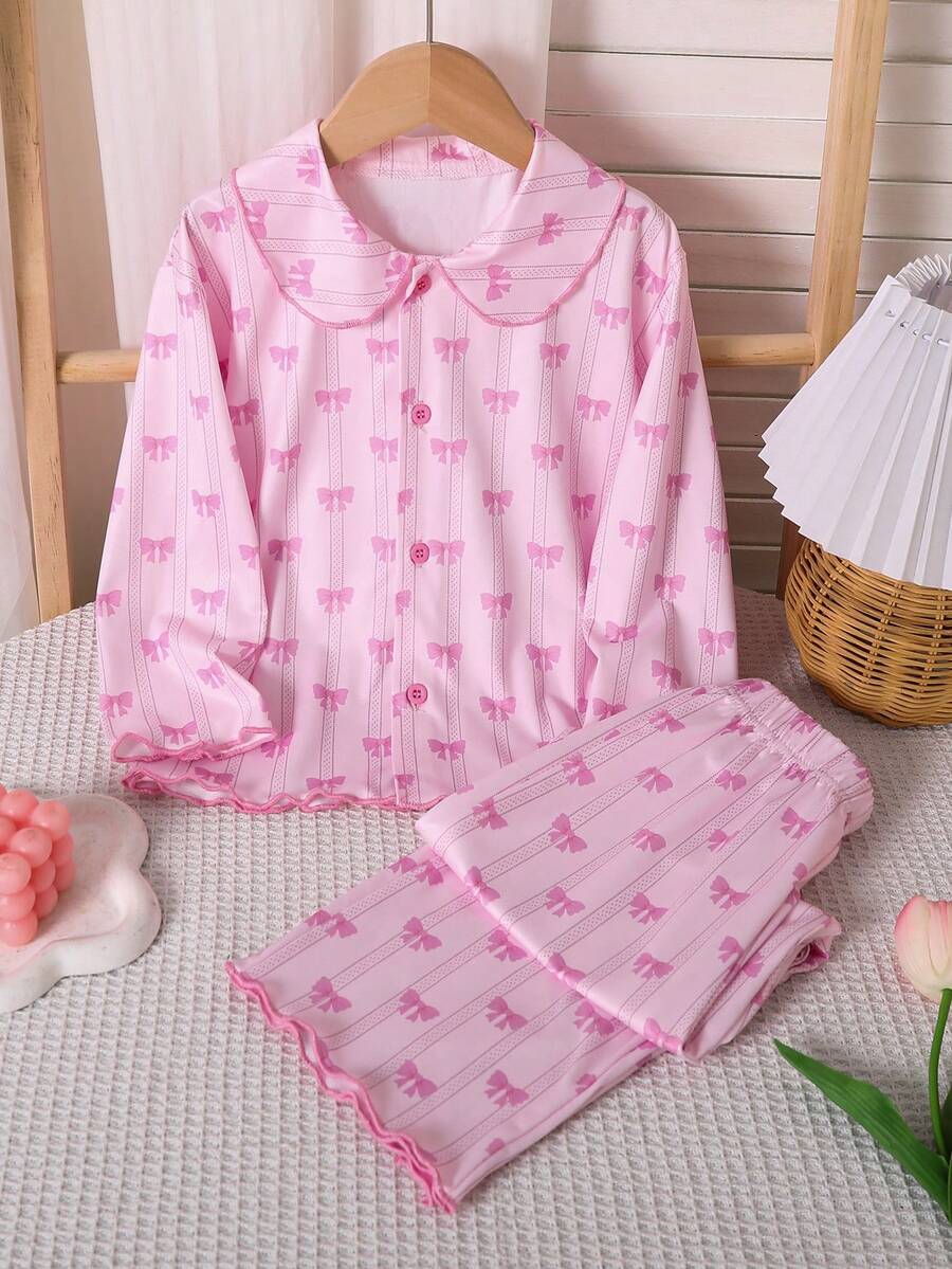 Sweet And Fashionable Two Pieces Girls' Spring And Autumn Home Outfit, Featuring A Pink Bow Collar Cardigan Button Up Long Sleeved Top And Pants Set, With Comfortable Fabric, Perfect For Wearing, Reading, Resting, And Relaxing At Home. It Is Also Suitable As A Gift For Children Or Friends - Baby Pink - View 1