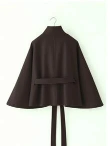 Women's Solid Color Front Button Tie Waist Woolen Cloak, Casual & Date Wear, Autumn/Winter Overcoat - Brown - View 7