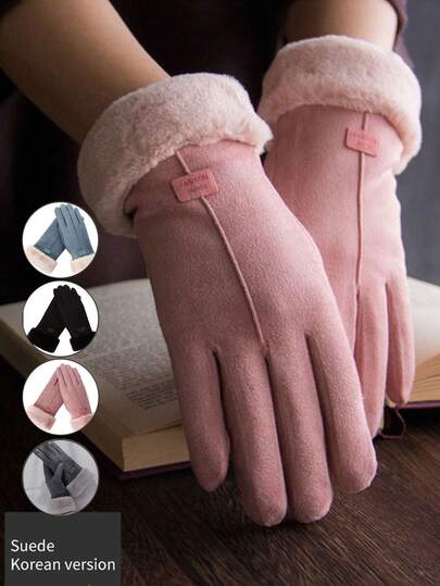 Guantes con pantalla táctil lindos para mujeres, guantes de cinco dedos forrados de felpa gruesos para estudiantes, ciclismo, cálidos y a prueba de viento, para invierno
