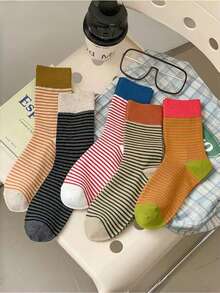 Random 5/3/1 Pair Of Women's Color-Blocked Striped Mid-Tube Socks, Multi-Color Splicing, Versatile Fashion Sports Socks, Contrast Cuff Striped Socks, Women's Socks, Casual Long Tube Tassel Socks (Due To The Lighting And Angle When Shooting, The Actual Product May Have A Slight Color Difference From The Picture)