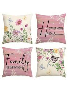 4 Pcs Pillow Covers, Sweet Home Butterfly & Floral Print Pink Cushion Covers, Peach Velvet Hidden Zipper Single-Sided Printing Pillow Shams, Without Pillow Insert, Suitable For All Seasons, Home/Office/Living Room/Sofa Decor (Without Pillow Insert) - Multicolor - View 7