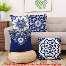 4件套花卉植物图案藏青色和白色涤纶枕套，复古波西米亚风格装饰靠垫套，45*45厘米/17.71英寸X17.71英寸，适用于客厅、卧室、沙发、床装饰，不含枕芯
