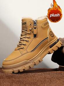 男士高帮真皮摩托车靴,秋冬新款保暖内衬加厚保暖靴,防滑耐用中筒圆头系带侧拉链靴,加大码46,时尚休闲户外派对街头服饰,真皮防水防油男鞋,户外徒步登山靴,保暖内衬踝靴,战术沙漠靴,适合-40°C的摩托车骑行靴 - 卡其色 - 查看 4