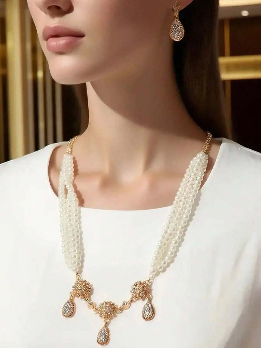 Herseygold 1 套珍珠项链、耳环、镀金头饰首饰套装、奢华阿拉伯新娘婚礼礼物