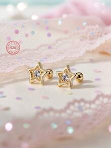 Artepollo 1pc 925 Sterling Silver Hypoallergenic Star Stud Earrings, Inlaid With Sparkling Cubic Zirconia, Spiral Ear Backs For Secure Wear, Delicate & Adorable, Gift Box Packaging, Suitable For Daily Wear Or Holidays, Gift For Girls, Friends, Back To School, Christmas