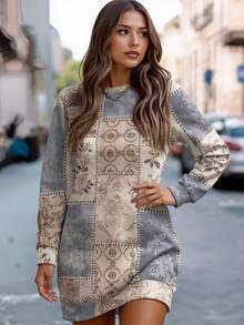 Fashionable Casual Vacation Style Elegant Versatile Slim Fit Outdoor/Indoor/Office/Travel Women's Long Print Hooded Sweatshirt Dress, Autumn/Winter - Khaki - View 2