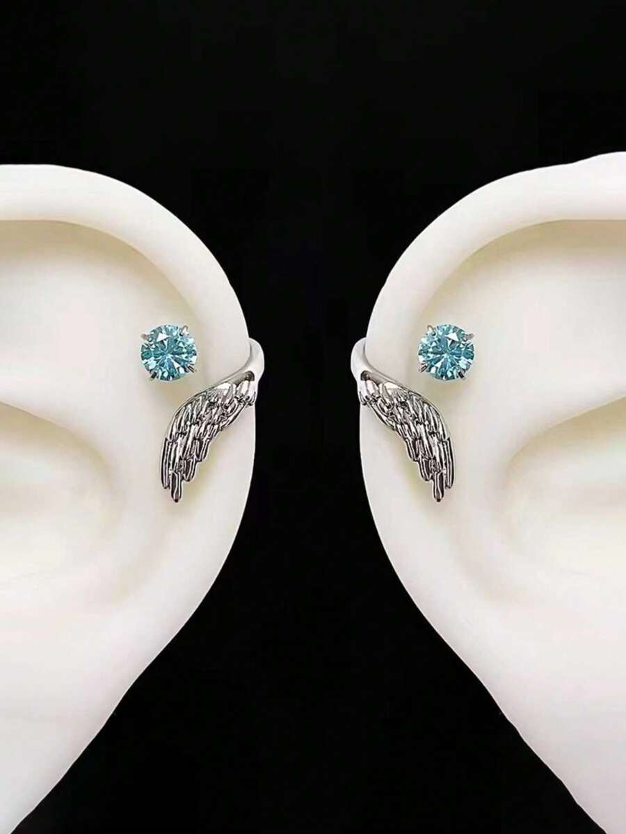 1pc Screw-On Heart Shaped Earring, Unique Design Ear Cuff Earring, Lightweight Luxury Earring For Women - Blue - View 1
