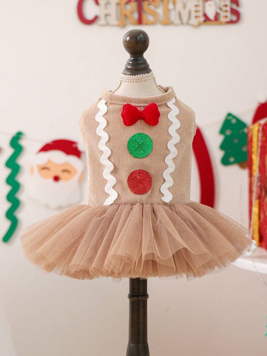 1pc Pet Clothes, Cute Gingerbread Pom Pom Dress For Small Dogs & Cats, Warm & Comfortable For Autumn/Winter