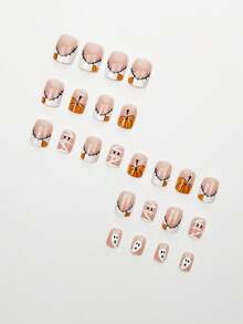 Halloween 24Pcs Short Square Grimace, Spider Webs And Pumpkin Pattern Design French Tip Press On Nails Fit Perfectly Design Acrylic False Nails Set, Halloween Nails For Ladies For Daily Wear And Holidays Nail Supplies Nails - Multicolor - View 4