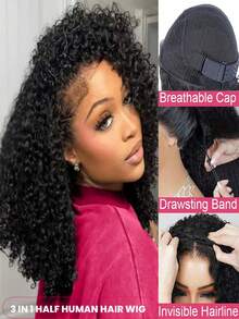 3 IN 1 Half Wig Kinky Curly Human Hair 200 Density Glueless Wear And Go Headband Wig Afro Curly Flip Over Quick Weave Glueless Install 100% Natural Hairline Beginner Friendly Half Human Hair Wig For Women