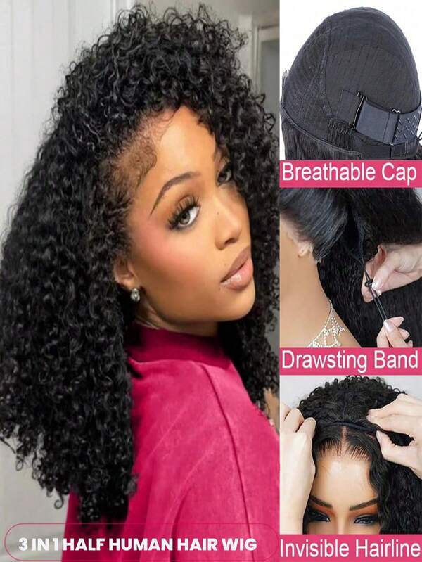 3 IN 1 Half Wig Kinky Curly Human Hair 200 Density Glueless Wear And Go Headband Wig Afro Curly Flip Over Quick Weave Glueless Install 100% Natural Hairline Beginner Friendly Half Human Hair Wig For Women
