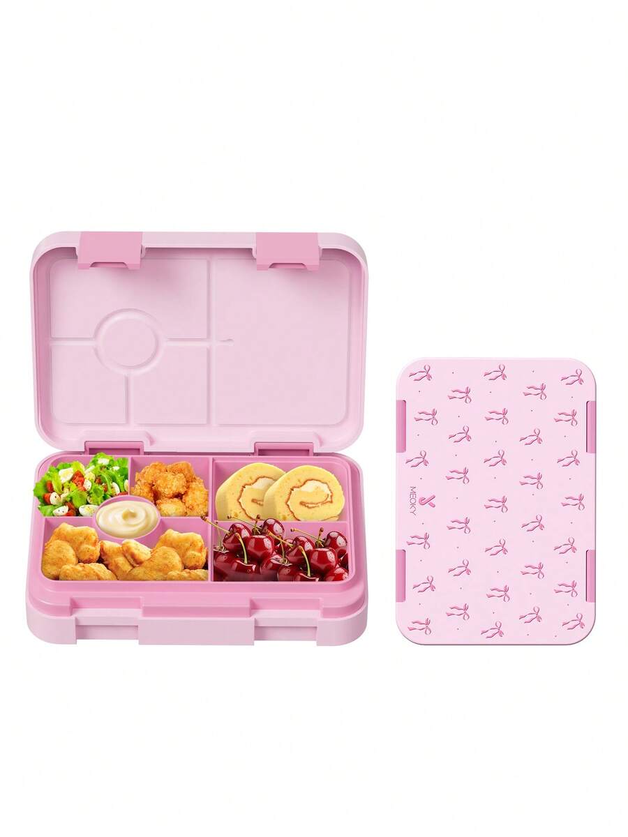 Bento Lunch Box – Leakproof Lunch Container With 5 Compartments, Reusable Meal Prep Snack Box, Portion Control Lunchbox For Kids & Adults, School, Office, Travel & Picnic Food Storage (Pink Bow) - Pink - View 1