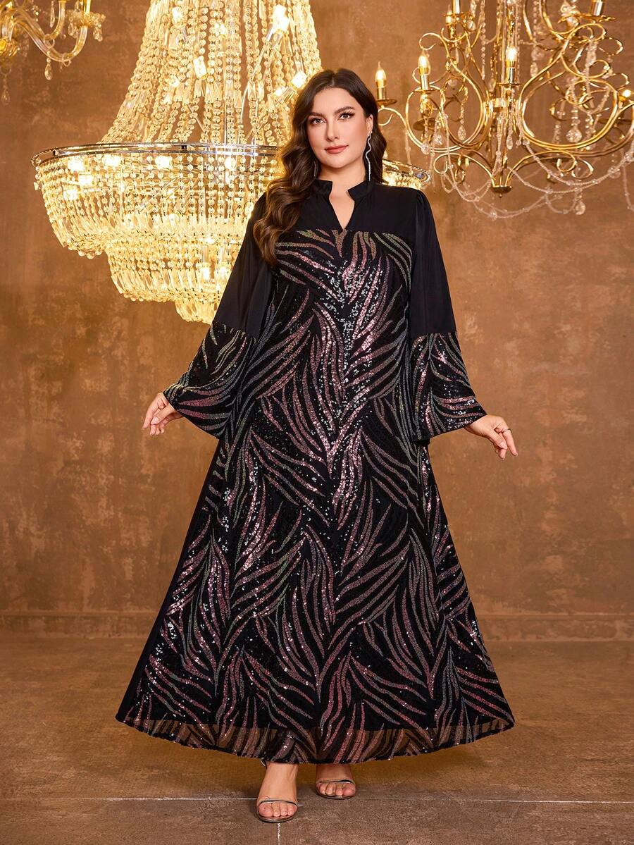 UNITHORSE Đầm dạ hội dài tay dáng xòe phối sequin dành cho nữ cỡ lớn [Cắt ngẫu nhiên] Màu đen mùa xuân - màu đen - Xem 1