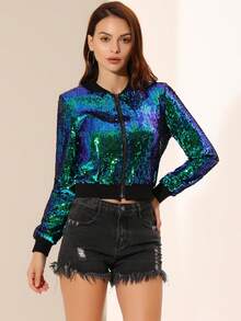 Women's Sequin Jacket Fall Party Shiny Glitter Sparkly Bomber Jackets - Green - View 2