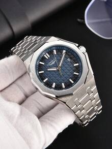 LONGLUX 1pc Men's Automatic Mechanical Watch With Calendar, Butterfly Buckle Steel Strap, Waterproof, Casual & Minimalist - Blue - View 3