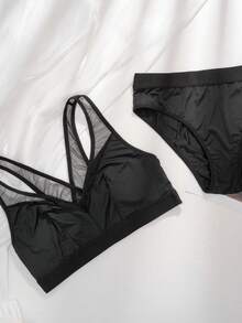 Conjunto de sutiã e calcinha sem aro preto feminino, sutiã e calcinha de malha sexy com patchwork fino e confortável estilo nadador - Preto - Ver 7