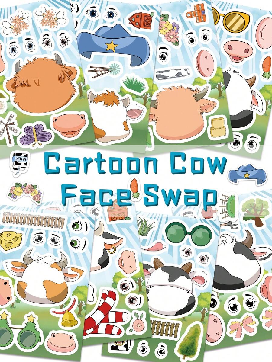 8PCS Cartoon Cow Face Swap Puzzle Sticker Cartoon Creative Personalized Stickers For Laptop Phone Waterproof Vinyl Junk Journal Sticker Boys Girls Animal Party Favors Thanksgiving Christmas Decorations Home Wall Decor