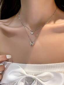 1 件可爱银合金小蝴蝶吊坠项链，简约女士锁骨链，百搭日常佩戴 - 銀色 - 查看 4