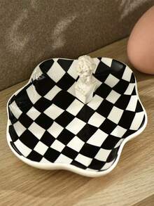 INS-Stil Schachbrett Retro Wolken Keramikteller, Dessert-/Salat-/Frühstücksteller, Haushaltsgeschirr, Schmuck-/Lippenstift-Aufbewahrungsschale, nordischer Stil Dessertteller, Foto-Prop-Dekoration