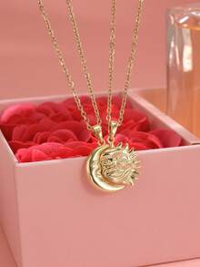 2pcs Valentine's Day Full Rhinestone Star & Moon Necklaces, Stainless Steel Friends Gift, Couples Gift, Couple Gift Valentines,Mom,Mother,Mother's Day,Gift - Yellow Gold - View 5