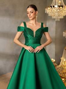优雅正式女士派对礼服：亮片甜心领口和露肩设计，迷人的 A 字廓形，适合晚宴、婚宴、慈善舞会、颁奖典礼 - 墨綠色 - 查看 2