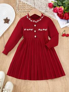 Young Girl Vacation Fashion Pearl Decor Round Neck Long Sleeve A-Line Knit Sweater Dress, Comfortable & Soft, Suitable For Daily, Outdoor, Travel, Vacation, Home, Daycare, School Wear, Spring/Autumn/Winter