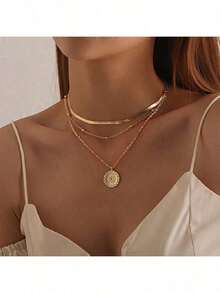 Simple Three-Layer Round Necklace Multilayer Snake Lotus Pendant Multilayer Gold Bead Disc Necklace - Gold - View 2