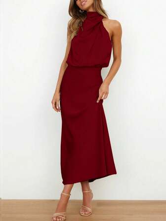 Women's Sleeveless Satin Dress, Elegant Silk Pleated Cocktail Dress, Summer Club Party Dress, Wedding Guest & Vacation Outfit