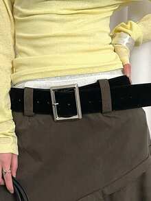 1 件女士黑色 PU 材质高品质收腰百搭中长连衣裙（配腰带） - 黑色 - 查看 7