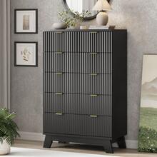 Fluted 6 Drawers Dresser For Bedroom, 46" Tall Modern Chest Of Drawers With Metal Handle, Curved Profile Design,Natural Wood Drawer Organizer For Bedroom, Living Room, Hallway, Entryway - 黑色 - 查看 1