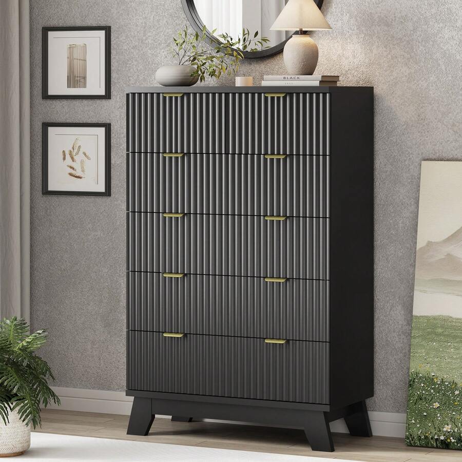 Fluted 6 Drawers Dresser For Bedroom, 46" Tall Modern Chest Of Drawers With Metal Handle, Curved Profile Design,Natural Wood Drawer Organizer For Bedroom, Living Room, Hallway, Entryway - 黑色 - 查看 1