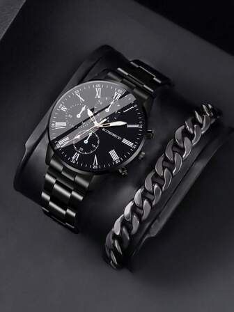 Steel Band Boys' Sports Youth Watch And Bracelet Set - Perfect For Outings, Suitable For School Use, And Great For Gift-Giving On Special Occasions.