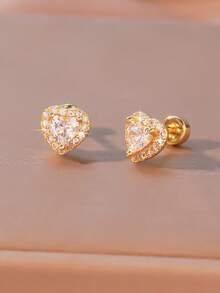 2pcs Screw-In Threaded Earrings, Elegant Bell Piercing Earrings, Copper Earrings, Sparkling Cubic Zirconia Embedded Design, Teardrop, Heart, Square Shapes Available, Matching Daily Outfits, Fashionable Creative Piercing Earrings