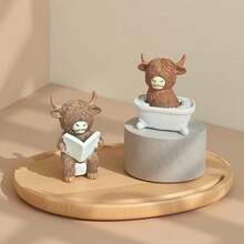 Decoración navideña, adorno de vaca de las tierras altas lindo, diseño de lectura en el inodoro y bañera, decoración popular para el hogar en temporada festiva - Marrón - Ver 12