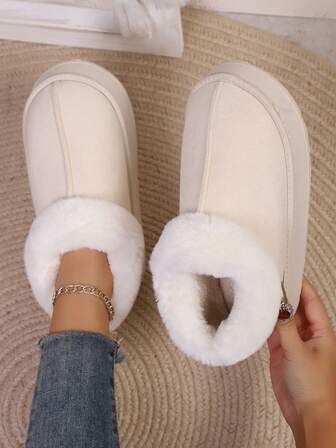 Autumn/Winter Fashion Casual Solid Color Plush Lining Patchwork Slip-On Slippers, Thick Sole Warm Boots For Women, Suitable For Living Room, Bedroom, Office, Christmas