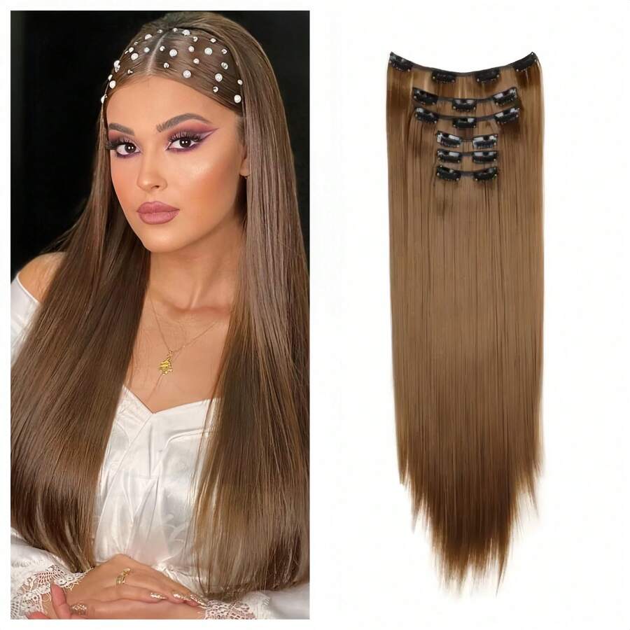 Clip In Hair Extensions Brown Color 24 Inch 6 PCS Set Long Straight Hair Extension Synthetic Hairpieces For Women Girls Daily Use - 栗子淺棕色-6# - 查看 1
