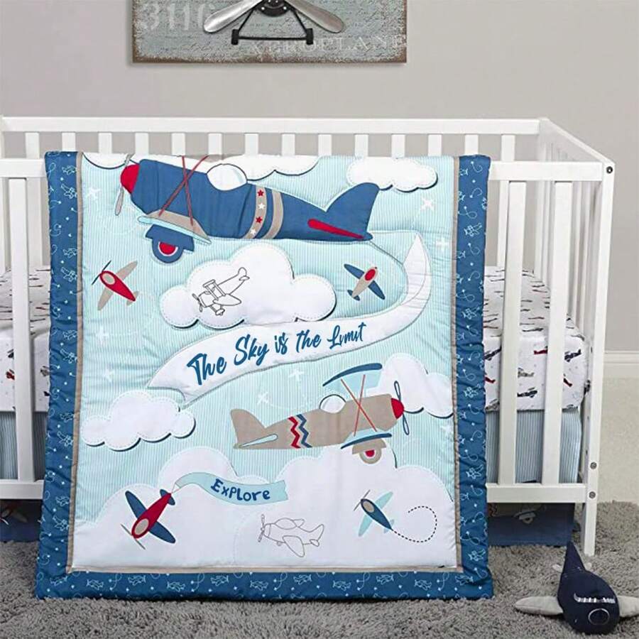 BEEWEED 1pc Airplane Printed Soft Blanket For All Season Quilt For Baby's Nursery, Blue Ocean Animal Print,Warm Cozy Soft Throw Blanket Blanket For Couch Bed, Crib, Bedding Throw Blanket For Baby Boys/Girls Holiday Gift, 31.5inchx41.3inch