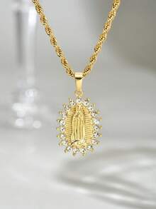 1 件复古金属风格不锈钢镀金扭链项链，带圆形瓜达卢佩圣母玛利亚吊坠，欧洲宗教元素金色瓜达卢佩圣母吊坠项链 - 金色 - 查看 7