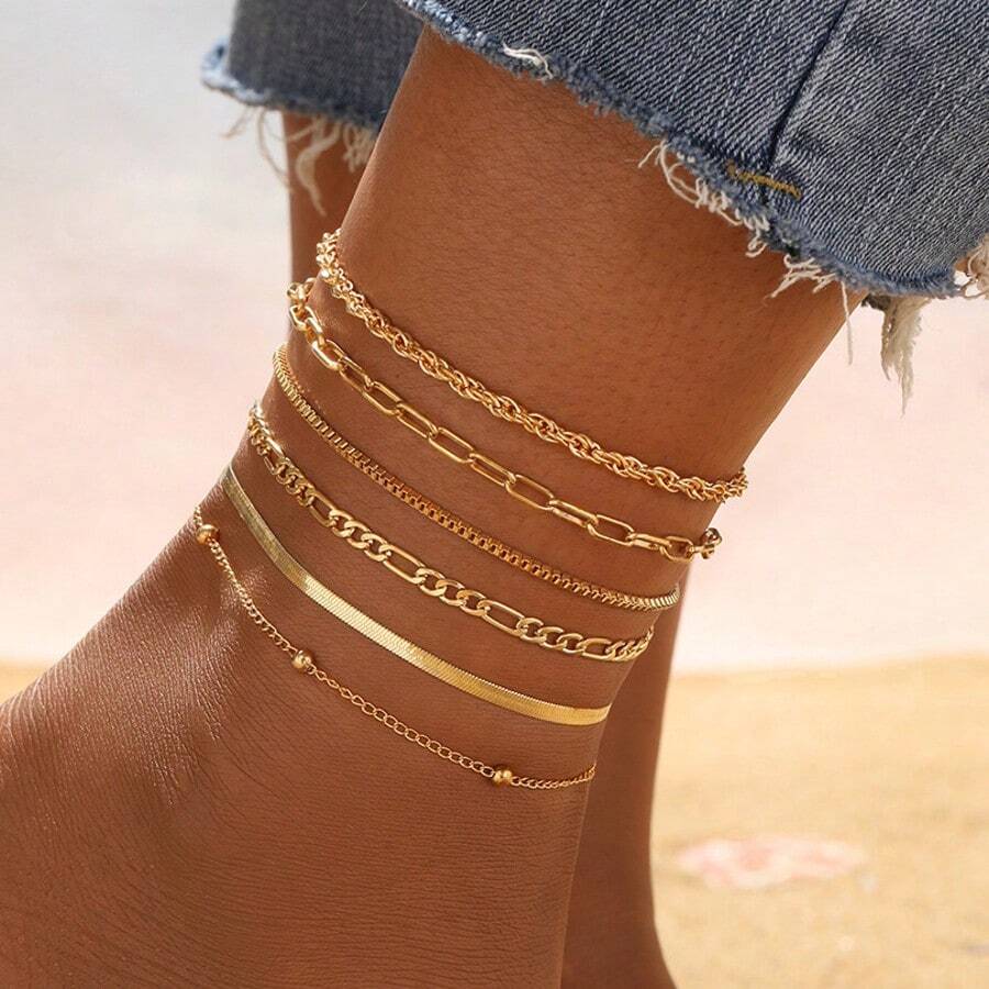6pcs Bohemia Twisted Flat Snake Chain Anklet Sets For Women Simple Gold Color Ankle Bracelet On Leg Foot Summer Beach Jewelry - Vàng - Xem 1
