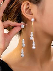 1 对时尚休闲仿珍珠不对称流苏耳环，适合女士 - 彩色 - 查看 3