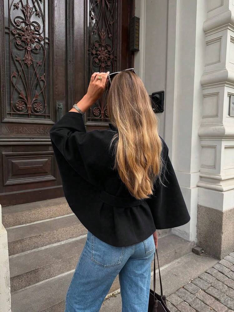 Women's Solid Color Front Button Tie Waist Woolen Cloak, Casual & Date Wear, Autumn/Winter Overcoat Black - Black - View 4