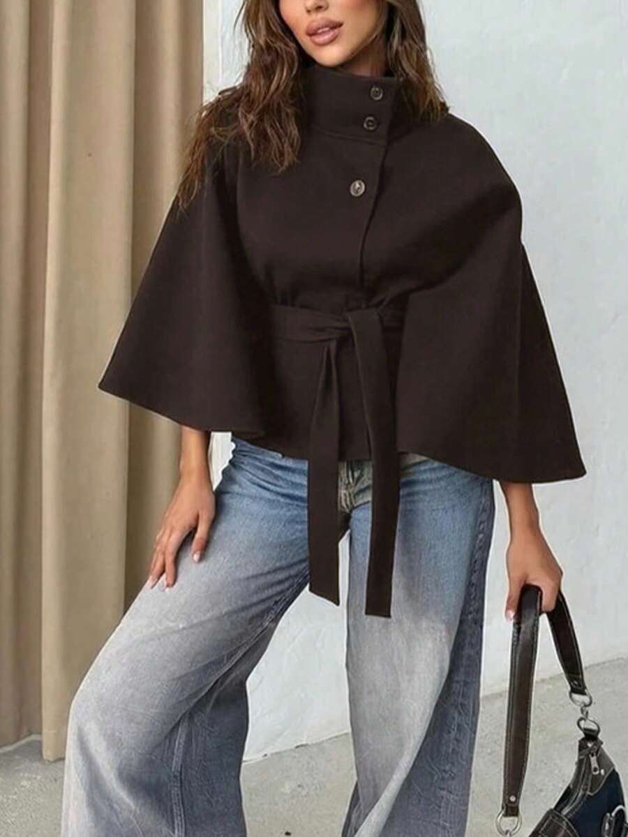 Women's Solid Color Front Button Tie Waist Woolen Cloak, Casual & Date Wear, Autumn/Winter Overcoat - Brown - View 1