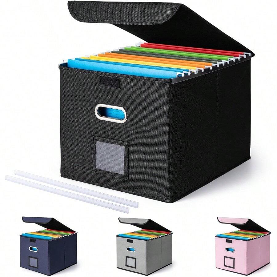 File Organizer Box With Lid Large Hanging File Folder Organizer With Plastic Slide Collapsible Portable Filing Storage Boxes For Office Decor Home Black 14.9 X 12.59 X 10.8 Inch - 黑色 - 查看 1
