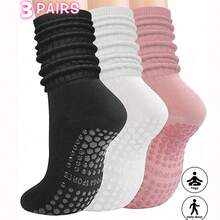 3/6 Pairs Women's Colorful Crew Yoga Socks, Suitable For Pilates, Yoga, Dance, Fitness, Non-Slip