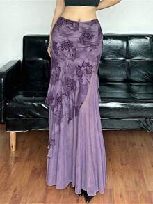 Vintage Purple Floral Wrap Skirt Low Waist Pleated Mesh Asymmetrical Hem Feminine Y2K Fairy Grunge Aesthetic Hip Cover Skirt - Màu tím - Xem 1